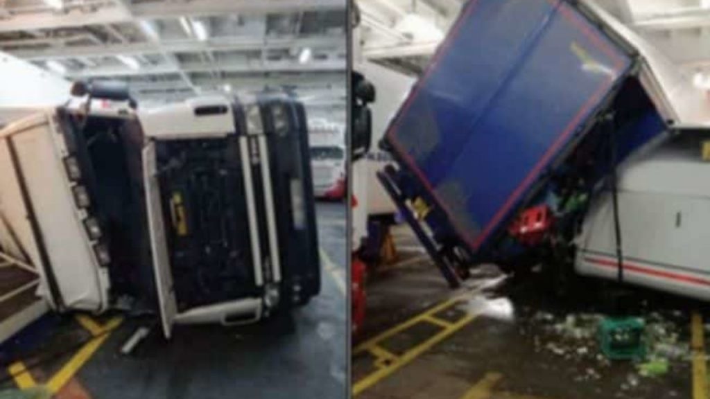 Ro-Ro Vessel Rolls Heavily And Tips Trucks