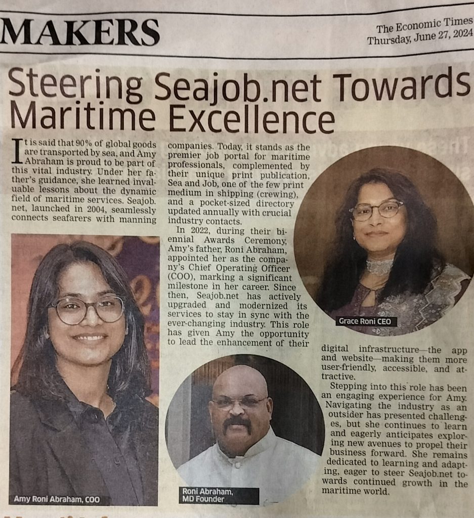 Economic Times Recognises Seajob.net and Its Dynamic Leadership Under the Young Entrepreneur  – Ms. Amy Abraham, COO